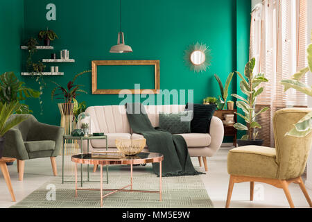 Green blanket thrown on bright sofa with pillows standing in living room interior with fresh plants and mockup frame on the wall Stock Photo