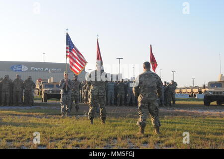 Soldiers from Task Force 56 and first responders came together for a 9/11 tribute the morning of  Sept. 11, 2017 at Regional Support Area Beaumont. The start of the ceremony coincided with the timing of the first plane impacting the North Tower 16 years ago. Stock Photo