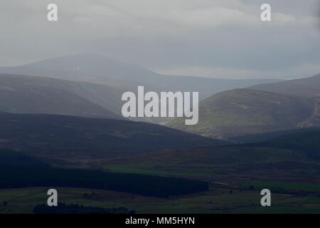 Scottish Mountains under Moody Stratus Cloud. View From Scotty Tower, Banchory, Aberdeenshire, Scotland, UK. May, 2018. Stock Photo