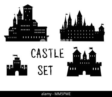 Castle icon set. Doodle castle building view with tower, handwritten lettering CASTLE Stock Vector