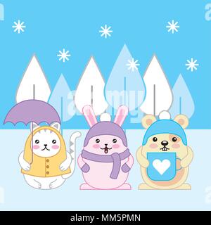 kawaii cat rabbit and mouse with winter clothes cartoon vector illustration Stock Vector