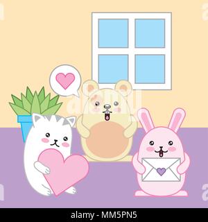 kawaii animals mouse rabbit and cat friendly cartoon vector illustration Stock Vector