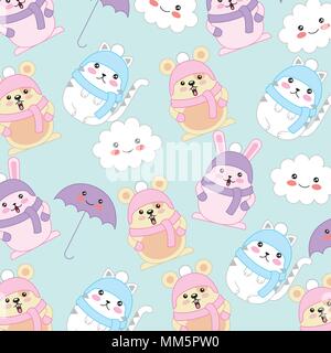 kawaii cat rabbit mouse wear winter clothes background vector illustration Stock Vector