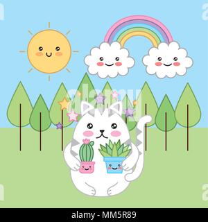 kawaii cat holding potted plants cartoon landscape vector illustration Stock Vector