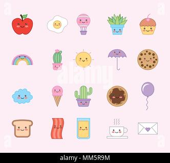 kawaii cartoon set animals food decoration pattern vector illustration Stock Vector