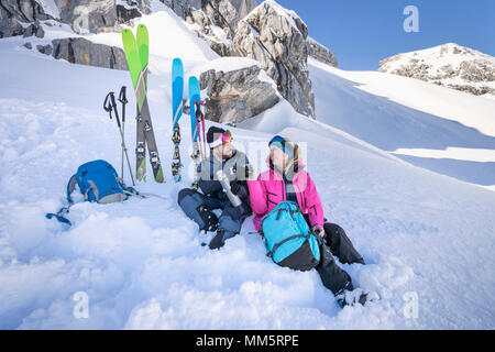 Skier couple on a hot tea break, Bavaria, Germany, Europe Stock Photo