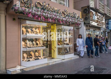 Gold jewellry for sale in the gold markets of the old town souk of Dubai, UAE, Middle East. Stock Photo