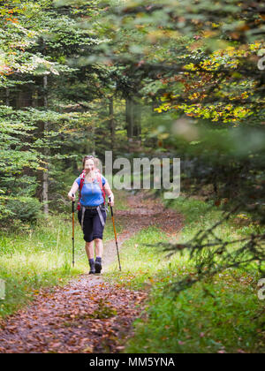 Woman on hiking tour in the Northern Black Forest, Bad Wildbad, Baden-Württemberg, Germany Stock Photo