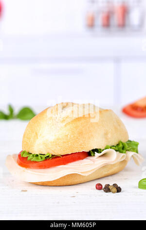 Sandwich baguette with ham copyspace portrait format on wooden board wood Stock Photo