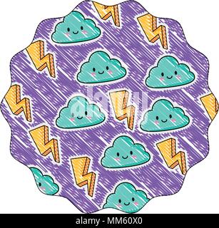 with lightning and kawaii clouds pattern over white background, colorful design. vector illustration Stock Vector