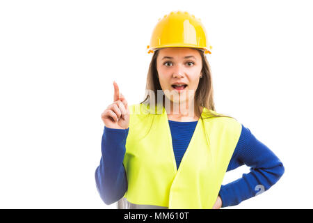 Young woman architect or engineer having great idea as smart construction solution concept isolated on white background Stock Photo