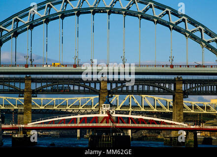 Newcastle Upon Tyne Bridges across the River Tyne 1985 Scan made in 2018 Showing: The High Bridge,Swing Bridge Stock Photo