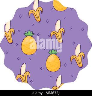 circular frame with bananas and pineapples pattern over white background, vector illustration Stock Vector