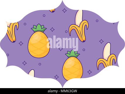 arabic frame with bananas and pineapples pattern over white background, vector illustration Stock Vector