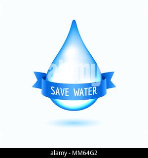 Vector drop with blue ribbon on the white background. Save water concept Stock Vector