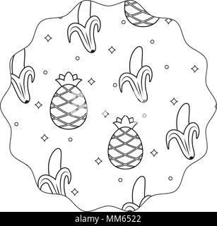 circular frame with bananas and pineapples pattern over white background, vector illustration Stock Vector
