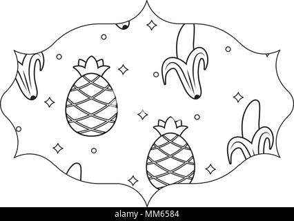 arabic frame with bananas and pineapples pattern over white background, vector illustration Stock Vector