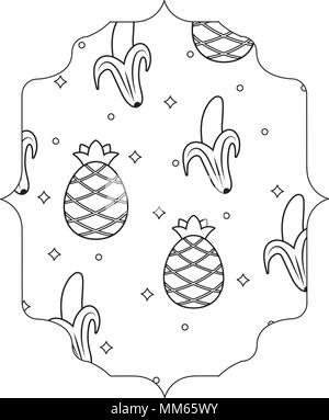 arabic frame with bananas and pineapples pattern over white background, vector illustration Stock Vector