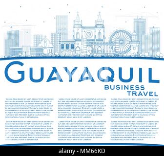 Outline Guayaquil Ecuador City Skyline with Blue Buildings and Copy Space. Vector Illustration. Stock Vector