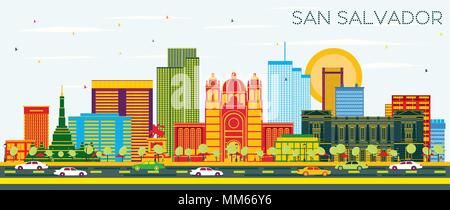 San Salvador City Skyline with Color Buildings and Blue Sky. Vector Illustration. Business Travel and Tourism Concept with Modern Architecture. Stock Vector