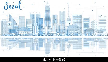 Outline Seoul Korea Skyline with Blue Buildings and Reflections. Vector Illustration. Business Travel and Tourism Concept with Modern Architecture. Stock Vector