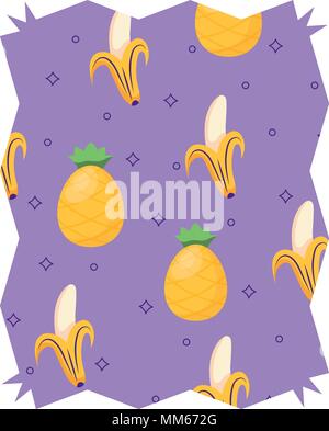 abstract frame with bananas and pineapples pattern over white background, vector illustration Stock Vector