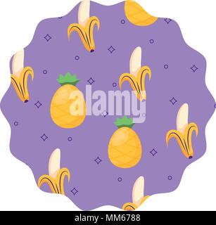 circular frame with bananas and pineapples pattern over white background, vector illustration Stock Vector