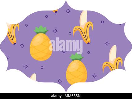 arabic frame with bananas and pineapples pattern over white background, vector illustration Stock Vector