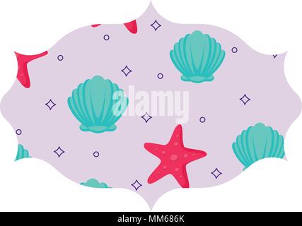 arabic frame with seashells and sea stars pattern over white background, vector illustration Stock Vector
