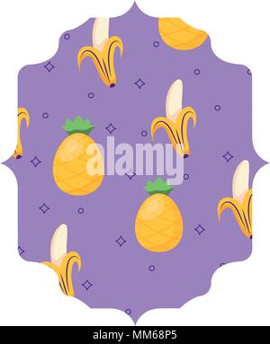 arabic frame with bananas and pineapples pattern over white background, vector illustration Stock Vector