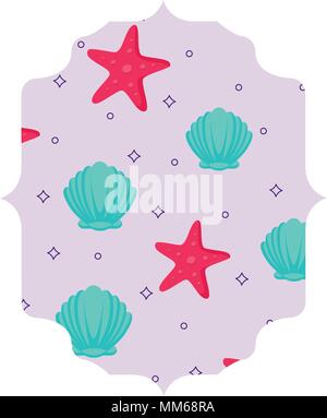 arabic frame with seashells and sea stars pattern over white background, vector illustration Stock Vector