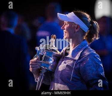Danish tennis player Caroline Wozniacki poses with the championship trophy after winning women's singles final match in Australian Open 2018 Tennis To Stock Photo