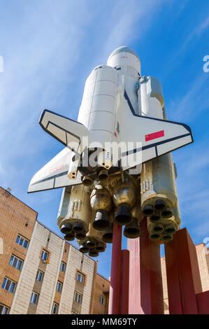 Samara, Russia - May 6, 2018: Copy of space shuttle Buran in sunny day. Buran orbiter is the first reusable manned space vehicle in Russia Stock Photo