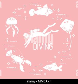 Diver, jellyfish, lobster, stingray, fish. Sports and recreation theme ...