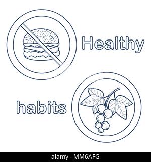 Useful and harmful food. Proper nutrition with excess weight and obesity. Cheeseburger and black currant. Stock Vector