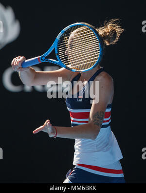 Czech tennis player Karolina Pliskova playing forehand shot in Australian Open 2018 Tennis Tournament, Melbourne Park, Melbourne, Victoria, Australia. Stock Photo