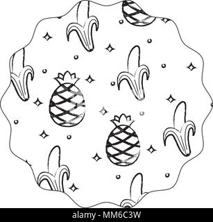 circular frame with bananas and pineapples pattern over white background, vector illustration Stock Vector