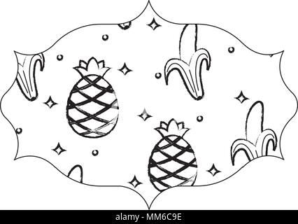 arabic frame with bananas and pineapples pattern over white background, vector illustration Stock Vector