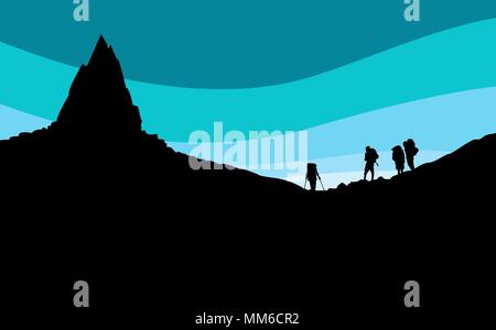 Silhouette of Mountainers Standing under Mountain Peak. Simple Blue Flat Sky. Stock Vector
