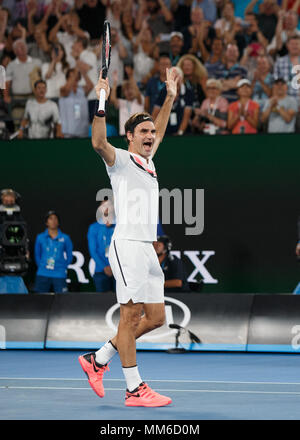 Swiss tennis player Roger Federer celebrating  during men's singles match in Australian Open 2018 Tennis Tournament, Melbourne Park, Melbourne, Victor Stock Photo