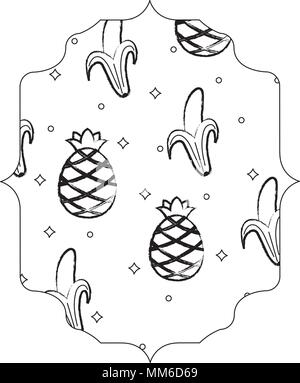 arabic frame with bananas and pineapples pattern over white background, vector illustration Stock Vector