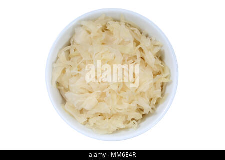 Sauerkraut coleslaw cabbage sliced from above bowl isolated on a white background Stock Photo