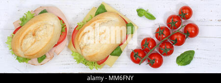 Sandwich baguette with ham and cheese from above banner on wooden board wood Stock Photo