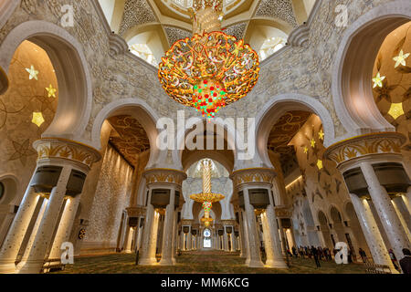 Abu Dhabi, United Arab Emirates - March 5, 2017: Abu Dhabi Sheikh Zayed inside Grand Mosque chandelier United Arab Emirates in the UAE. Stock Photo