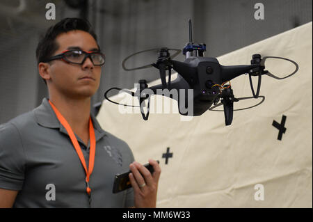 ThunderDrone Tech Expo is a technology demonstration event hosted at SOFWERX in Tampa, Florida, in coordination with United States Special Operations Command. On September 5, 2017, an autonomous unmanned aerial vehicle was operated during the expo to demonstrate emerging drone capabilities for special operations forces. The archival image documents a live technology demonstration within a defense innovation venue. Stock Photo