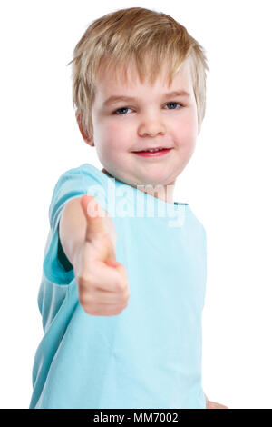 Child kid smiling young little boy success thumbs up isolated on a white background Stock Photo