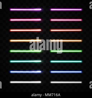 Halogen or led light lamp elements pack for night party or game design. Neon light tubes set. Colorful glowing lines or borders collection isolated on Stock Vector