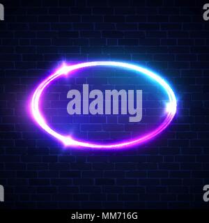 Glowing oval frame. Night club electric sign. Neon lights shape on dark brick wall. Ellipse background signage. 3d neon light advertising tube banner  Stock Vector