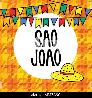 Sao Joao or Festa junina, Brazilian june party greeting card, invitation. Garland of hand drawn flags and straw hat. Vector illustration background, colorful checkered plaid pattern. Stock Vector