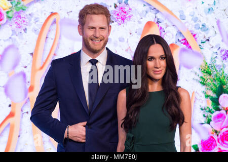 London, UK. 9th May, 2018. Photo taken on May 9, 2018 shows wax figures of Meghan Markle and Prince Harry at Madame Tussauds in London, Britain. A new wax figure of Meghan Markle was unveiled ahead of her wedding to Prince Harry on May 19 at Madame Tussauds London on Wednesday. Credit: Ray Tang/Xinhua/Alamy Live News